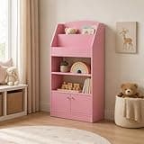 Furevol Magazine Bookcasewith Door Cabinet, Bookshelf with Open Shelf, Book Shelf for Organization and Storage, 9.4 x 24.6 x 43.3, for Bedroom, Living Room, Home Office, Pink