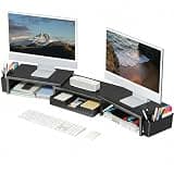 OPNICE Desk Organizers and Accessories, Dual Monitor Stand Riser with Drawer and 2 Pen Holders, Desk Shelf Metal Computer Racks for Office Workspace Organizers, Desktop Organization (Black Metal)