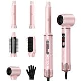 Dryhsip 5 in 1 Hair Styler & Air Dryer Wrap Curler, Low-Speed Negative Ionic Hair Tools Drying, Multi Air Styler, Professional Blow Dryer Brush for Curling Volumizing Straightening Styling (Pink)