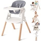 4-in-1 Foldable Baby High Chair, Convertible Wooden Highchairs for Babies and Toddlers, Baby Feeding Chair with Adjustable Heights, Removable Tray & Easy-to-Clean Seat Cushion, Toddler Stool (Grey)