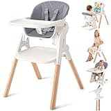 4-in-1 Foldable Baby High Chair, Convertible Wooden Highchairs for Babies and Toddlers, Baby Feeding Chair with Adjustable Heights, Removable Tray & Easy-to-Clean Seat Cushion, Toddler Stool (Grey)