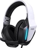 AOC Wired Gaming Headset, Surround Sound Headphones for Xbox Series X|S PS5 PC Switch, Noise Canceling Over-Ear Gaming Mic, RGB Lights, 50mm Drivers, 3.5mm Jack, White