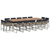 WRJENFSC 15 Piece Patio Dining Set, Gray Poly Rattan Outdoor Furniture with Solid Acacia Wood Table and 14 Cushioned Chairs, Space Saving Cube Design for Garden and Patio