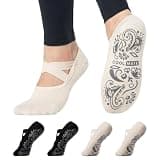 CoolMate Pilates Socks with Grips for Women, Yoga Socks, Crew Non Slip Women for Barre, Pilates Gifts (US, Numeric, 6, 10, Regular, Regular, A-01a. 2 Pairs Barre Black/Beige)