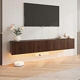 Floating TV Stand Wall Mounted, 71" Floating TV Shelf Cabinet with LED Lights & Power Outlet, Midia Console Entertainment Center with Fluted Storage for Wall Under TV Living Room Bedroom, Walnut
