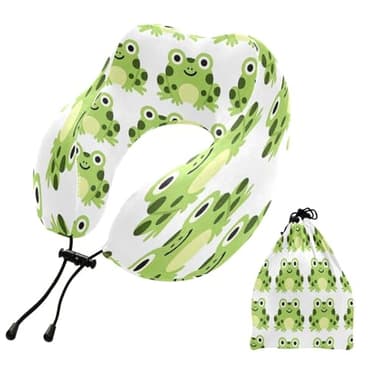 Hezely Cartoon Frogs Travel Pillow U Shape Memory Foam Comfortable Support Neck Pillow with Adjustable Rope Lock for Travel Airplane Car Office