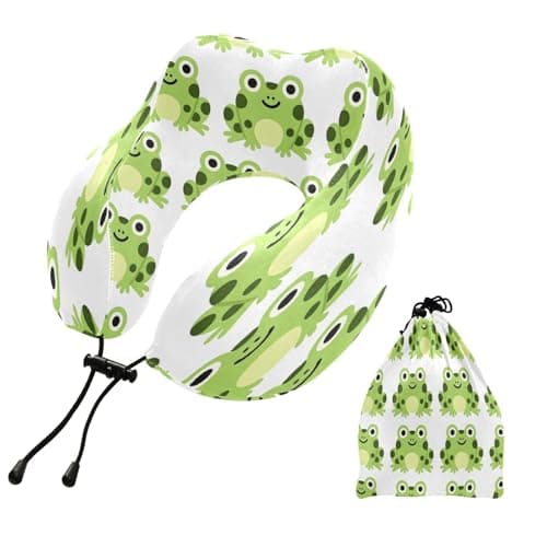 Hezely Cartoon Frogs Travel Pillow U Shape Memory Foam Comfortable Support Neck Pillow with Adjustable Rope Lock for Travel Airplane Car Office