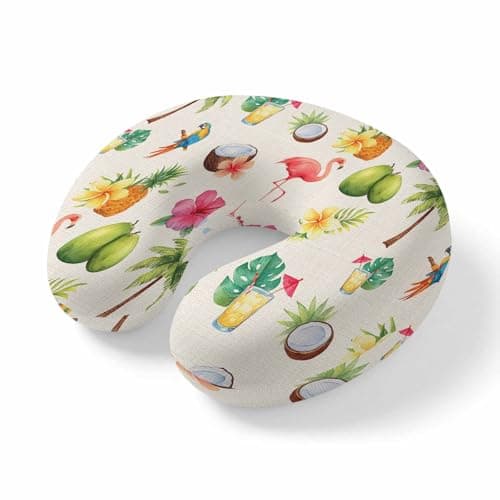 Travel Pillows U-Shaped Neck Pillow Summer Coconut Pineapple Retro Linen Ergonomic Memory Foam Pillow Head Cushion,Tropical Flamingo Flower Soft Portable Neck Pillows for Office Airplane Car Train