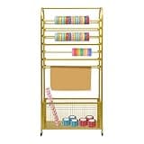 JOMCYDM Black Double-Sided Vertical Ribbon Holder Organizer Rack with Wheels 15 Rod Metal Ribbon Storage Organizer Rack for Fabric Craft Room Wrapping Paper (Gold)
