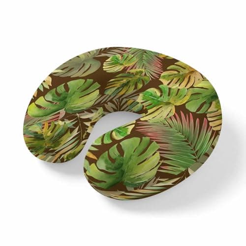 ZRNLTDGHK Neck Pillow Abstract Olive Monstera Tropical Leaves Travel Pillow Memory Foam U Shaped Pillows, Green Botanical Travel Neck Pillows for Airplane Car Office Home Sleeping Rest