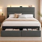 UHTN Queen Bed Frame with 2 Storage Drawers, Velvet Upholstered Platform Bed Frame with Charging Ledge, LED Headboard Lighting, Metal Support, Noise Free, No Box Spring Needed, Easy Assembly, Grey