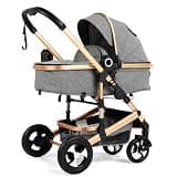 TODECARE 2 in 1 Baby Stroller, Convertible Foldable Carriage w/Reversible Seat, Adjustable Canopy, Storage Basket, Cup Holder, Aluminum Frame, Pram Carriage for Newborns and Toddlers (Golden)