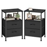 SONGMICS Nightstand, Bed Side Table, End Table with 2 Drawers and 1 Open Shelf, Industrial, Set of 2, Ink Black, BELLAH Collection ULGS062B101S