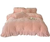 QHEVLXQI Queen Comforter Set, Winter Princess Wind Pink Milk Velvet Bed Four-Piece Coral Flange Suede Rose Quilt Cover Bed Sheet Bedding(King Size)