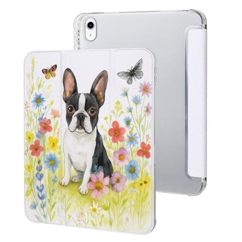 Boston Terrier Dog Flowers Case for Ipad, Slim Trifold Shell Stand Protective Cover with Pencil Holder for IPAD 10th (10.9in)