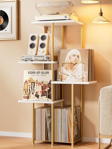 Record Player Stand, Vinyl Record Storage Holder with Display Shelf, Turntable Stand Table with Vinyl Organizer Dividers Album Rack, Vintage Style Record Cabinet Wood, Mid Century Modern Tall Console