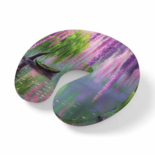 ZFUNCING Travel Pillows U-Shaped Neck Pillow Spring Wisteria Willow Lake Ergonomic Memory Foam Pillow Head Cushion,Watercolor Tree Plants Boat Soft Portable Neck Pillows for Office Airplane Car Train