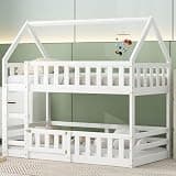 Harper & Bright Designs House Bunk Bed with Door and Fence, Floor Bunk Bed Twin Over Twin with Ladder for Kids, White