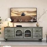 60" Farmhouse TV Stand with 4 Drawers & 2 Glass Doors, Rustic Wood Media Console, Distressed Entertainment Center,Use in the Living Room