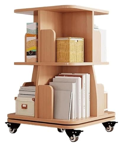 HDXJIZCQ Book Shelf Rotating Bookshelf with Wheels Wooden Bookcase Multi-Layer Bookshelves Display Rack Floor Standing(2 Tier)