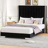 Zerduos King Size Bed Frame 58" Tall Wingback Headboard, Velvet Upholstered Channel Tufted Platform Bed with Silver Metal Trim Wingback, No Box Spring Needed, Black