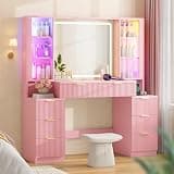 HAUOMS Big Vanity, Fluted Wood Makeup Vanity Desk with Mirror and Sound Sync LED Lights, Large Vanity Dressing Table, 8 Drawers, Charging Station for Girls, Women (Pink, 51.2" Width)