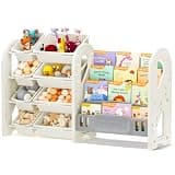 SKONYON Toy Storage Organizer with Bookshelf, 2-in-1 Kids Toy Organizer with 8 Bins & 4-Tier Book Shelf, Playroom Storage Organizer for Nursery Bedroom, HDPE, Holds 50 Items and Books, White