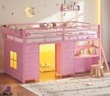 ADORNEVE Low Loft Bed Twin Size with 7 Storage Drawers, Desk and LED Lights, Kids Loft Bed with 13.7" H Safety Guardrail, Under-Bed Play Space, Private Play Curtain, for Kids Room & Small Room, Pink