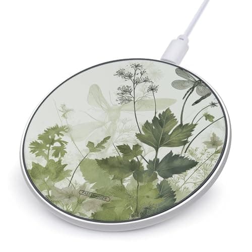 Foliage and Herbs with Dragonflies Winged Wireless Charger Fast Wireless Charging Pad with USB Cable 10W Anti-Slip Magnetic Wireless Charger Portable Slim Charger Puck Travel Charging Station