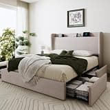 SHA CERLIN Queen Size Storage Bed Frame with 4 Oversized Drawers, Modern Wingback Headboard with Storage Shelf & Charging Station, No Box Spring Needed, Easy Assembly, Beige