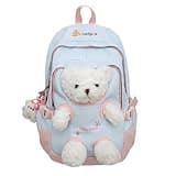 Landofgenie Diaper Backpack – Large Capacity Daypack with Multiple Compartments, Water-Resistant Nylon, Adorable 3D Plush Bear Design, Multi-Function Casual Bag for Travel & Daily Use - Blue+Pink