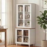 WAMPAT 72"H Tall Bookcase with Glass Doors and Adjustable Shelf, Large Display Book Case with 3-Tier Book Shelves, Farmhouse Vintage Library Wooden Bookshelves for Living Room, Office, Kitchen, White