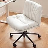 Marsail Armless-Office Desk Chair with Wheels: PU Leather Cross Legged Wide Chair,Comfortable Adjustable Swivel Task Chairs for Home,Office,Make Up,Small Space,Bed Room(Light Beige)