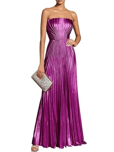 Cudiew Women's Sparkly Metallic Satin Prom Dresses 2026 Fuchsia Strapless Pleated A Line Formal Evening Party Gowns for Teens Floor Length US0