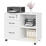 Panana 3 Drawer Office File Cabinets, Mobile Lateral Printer Stand with Open Storage Shelf, Rolling Filing Cabinet with Wheels Home Office Organization and Storage (White)