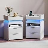 Nightstands Set of 2, LED Night Stand with Gun Drawer, Smart Nightstand with Hidden Charging Station, Modern Beside Table with USB and Type-C Port for Bedroom (White)