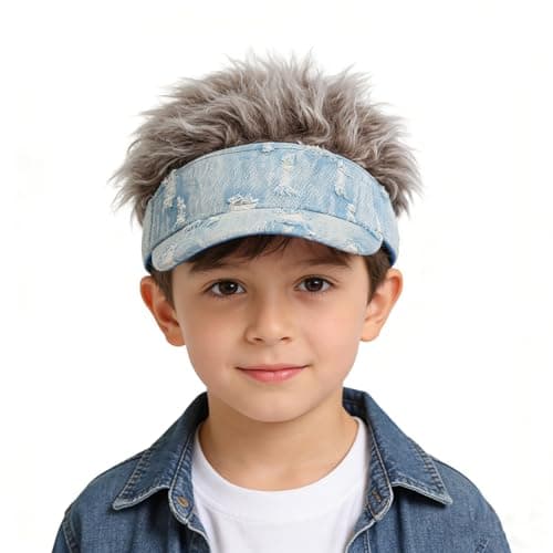 Kids Hair Visor Sun Hat with Hair Fake,Vintage Denim Distressed Novelty Spiked Adjustable Baseball Caps for Boys Girls