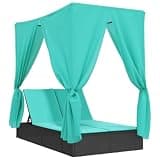 IBUQDDV Double Patio Sun Lounger with Roof and Curtains, Black PE Rattan Double Lounger with Adjustable Backrest and Thick Padded Cushions