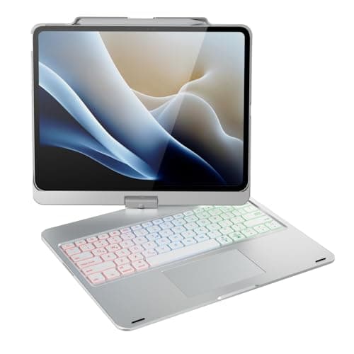 doqo Keyboard case for iPad Air 13 inch (M4/M3/M2),iPad Pro 13 (M5/M4),iPad Pro 12.9"(6th/5th/4th/3rd Gen) Case with Keyboard 360° Rotatable with Trackpad 7 Color Backlit Pencil Holder Silver White