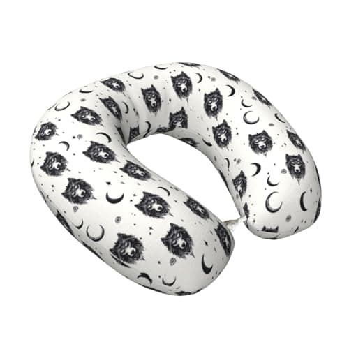 Sketch Wolf Head Moon Print Travel Neck Pillow for Airplanes, Memory Foam Neck Pillow for Traveling/Sleeping, Travel Essentials Accessories for Women Men