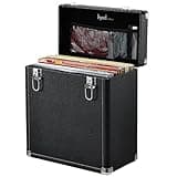 Hododou Record Storage Case Holds 30+ Single Records(12-inch) Vinyl Turntable Records Heavy-Duty Hardware Hinges Smart Metal Corners Portable with Lid Handle Mesh Pouch for Valuable Album Collection