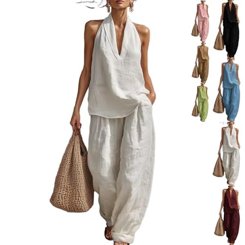 EEZCP Women's Casual and Cozy Minimalist Linen Two-Piece Set Linen Sets Sleeveless V Neck Top Wide Leg Pants with Pockets (XX-Large,White)