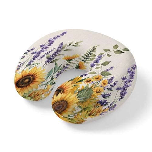 ZFUNCING Travel Pillows U-Shaped Neck Pillow Spring Sunflowers Lavender Ergonomic Memory Foam Pillow Head Cushion,Vintage Plants on Linen Soft Portable Neck Pillows for Office Airplane Car Train