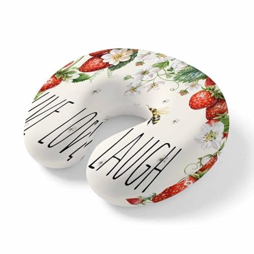 Watercolor Rustic Strawberry Flower Bee Travel Pillow,U Shaped Ergonomic Neck Pillows Farmhouse Landscape Memory Foam Portable Neck and Head Support Cushion for Airplane Car Home Office Sleeping