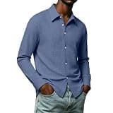 Mens Waffle Knit Button Down Shirt Long Sleeve Loose Soft Collared Blouses Casual Office Business Fall Winter Tops Navy