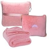 BlueHills Premium Soft Travel Blanket Pillow Airplane Blanket in Soft Bag case with Hand Luggage Belt and Carabiner Compact Pack Large Cozy Portable for Plane Car Train Transit Light Pink T020