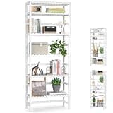 Homykic 6-Tier Bamboo Bookshelves and Bookcases, Adjustable 63.4”Tall Shallow Book Shelf Organizer Rack, Freestanding Storage Shelving Unit for Living Room, Kitchen, Bathroom, Office, White