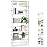Homykic 6-Tier Bamboo Bookshelves and Bookcases, Adjustable 63.4”Tall Shallow Book Shelf Organizer Rack, Freestanding Storage Shelving Unit for Living Room, Kitchen, Bathroom, Office, White