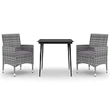 Kaorsrow 3 Piece Patio Dining Set, Outdoor Poly Rattan Dining Furniture with Dark Gray Cushions and Square Glass Top Table, Small Bistro Set for Garden, Balcony and Backyard, Gray
