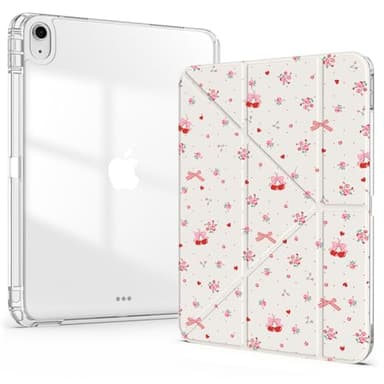 Idocolors Cute Case for iPad 7th/8th/9th Gen 10.2 Inch iPad 2019/2020/2021, Clear Acrylic Back Case with Pencil Holder, Detachable Mutil Angles Folding Y-Shaped Stand Cover, Cherry Bow